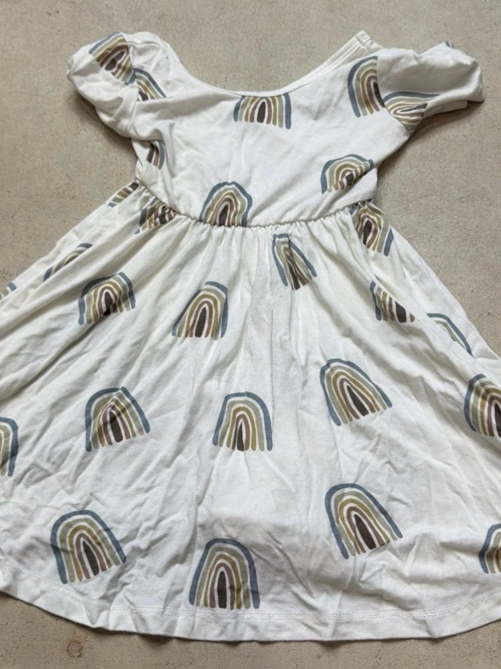 Kyte BABY White Dress with Blue, Tan & Gray Rainbow Motif sz 12-18M